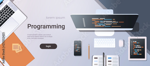 web site design development program code programming concept top angle view desktop computer monitor tablet smartphone screen organizer office stuff horizontal copy space