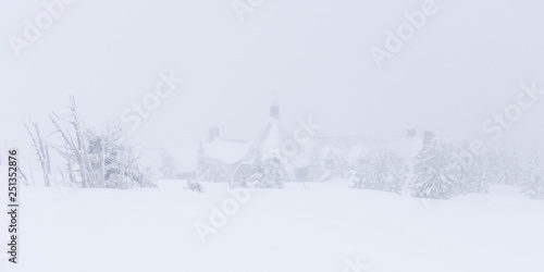 Timberline Lodge and snow covered trees on Mt Hood  Oregon during a snowstorm.