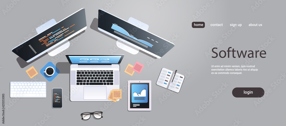 design software development programming concept top angle view desktop computer monitor tablet smartphone laptop screen office stuff horizontal copy space design software development programming concept top angle view desktop computer monitor tablet smartphone laptop screen office stuff horizontal copy space