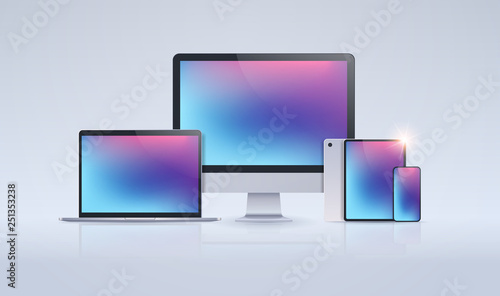 electronic devices mockup set laptop monitor tablet and smartphone with colorful screen digital technology concept gray background horizontal