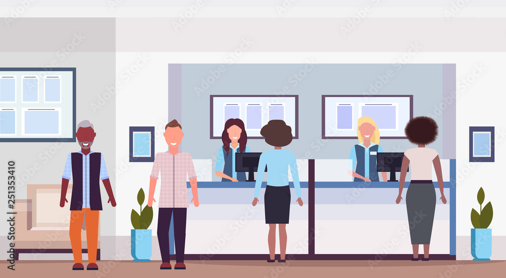 mix race people at teller counter visitors and workers in financial consulting center with waiting room modern bank office interior horizontal flat mix race people at teller counter visitors and workers in financial consulting center with waiting room modern bank office interior horizontal flat
