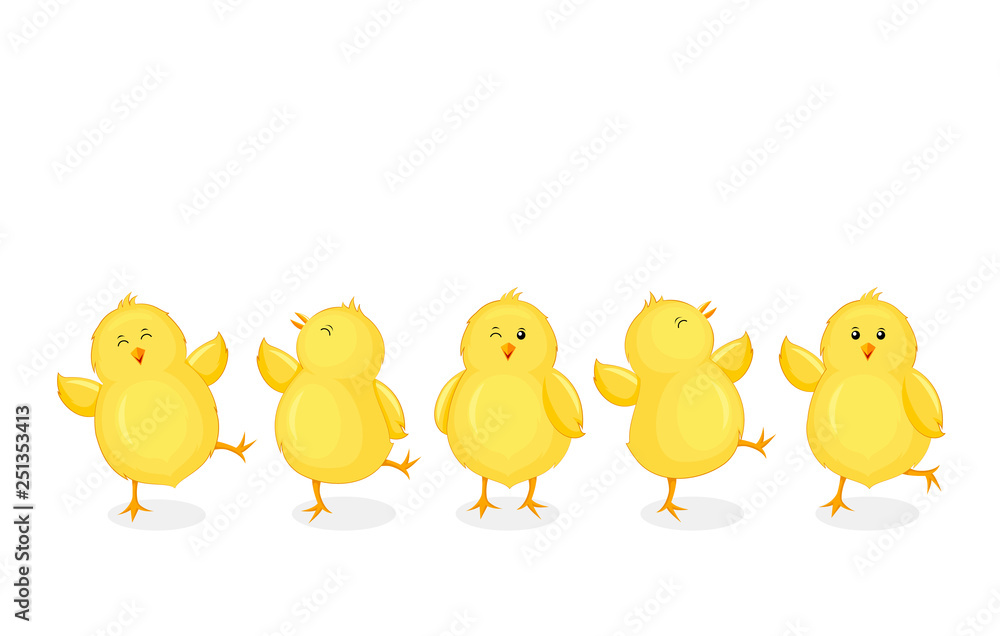 Little chicks cartoon set. Funny yellow chickens in different poses. Vector illustration isolated on white background.