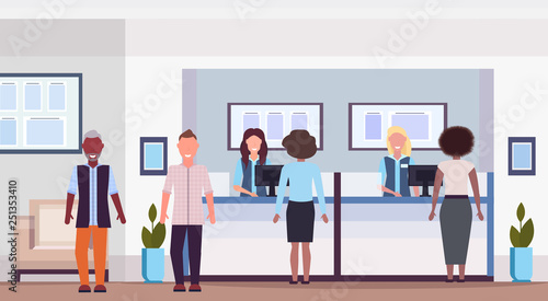 mix race people at teller counter visitors and workers in financial consulting center with waiting room modern bank office interior horizontal flat