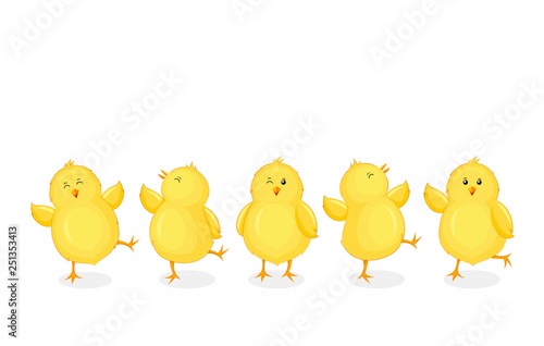 Little chicks cartoon set. Funny yellow chickens in different poses. Vector illustration isolated on white background.