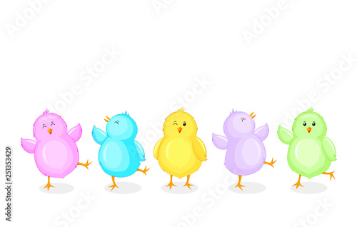 Little chicks cartoon set. Funny colorful chickens in different poses. Vector illustration isolated on white background.