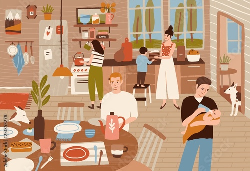 Happy family cooking in kitchen and serving dining table. Smiling adults and children preparing meals for dinner together. Cute home scene. Colorful vector illustration in flat cartoon style.