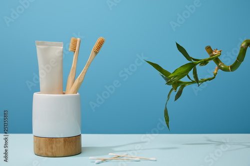 holder with toothbrushes, toothpaste in tube, ear sticks and green bamboo stem on table and blue background