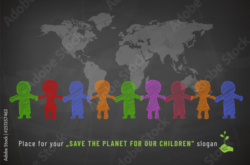 Chalkboard with drawing of children's characters - Save our planet