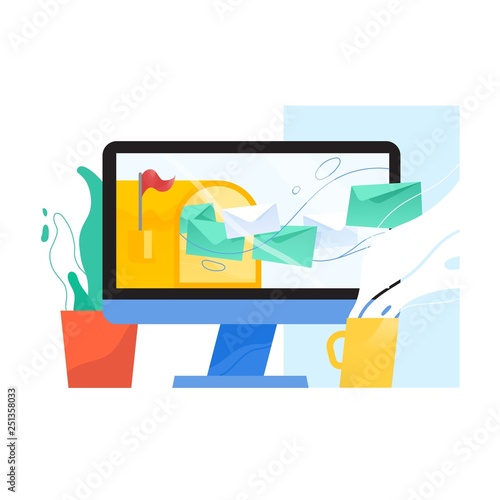 Computer display with opened mailbox and letters in envelopes flying out of it on screen, houseplant and mug. Email, mail or inbox message service, webmail application. Flat vector illustration.
