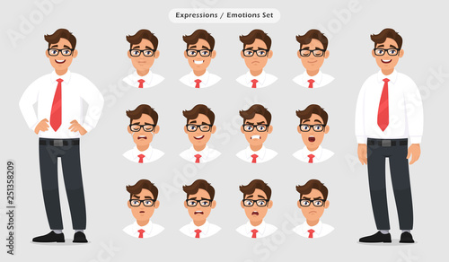 Set of male different facial expressions. Man emoji character with various face reaction/emotion, wearing formal dress, tie and eyeglasses. Human emotion concept illustration in gray/grey background.