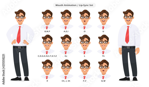 Lip sync collection and sound pronunciation for male character's talking/speaking animation. Set of the mouth animation pronouncing words for standing businessman poses in white background.