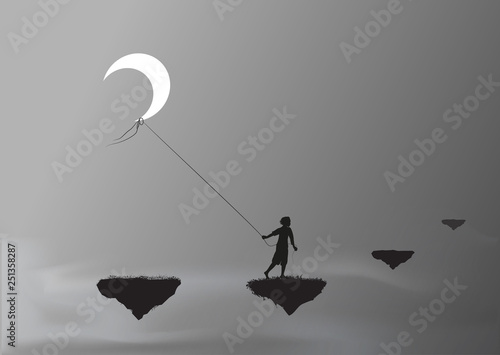 boy pulling the moon and walking on a flying rock, steal the moon, wonderland, dream,