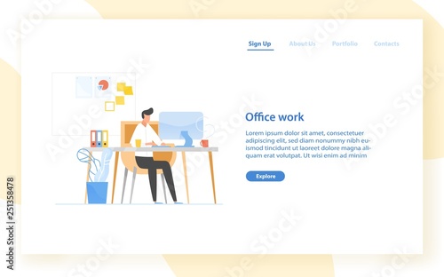 Web banner template with programmer or coder sitting at desk and working. Office work in software development, programming or program coding. Modern flat vector illustration for advertisement.
