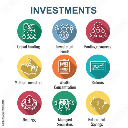 Retirement Investments and Dividend Income, Mutual Fund, IRA Icon set