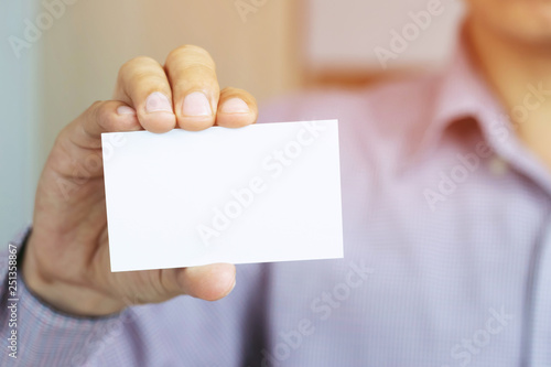 People man hand hold business cards show blank white card mock up. or pasteboard credit name card display front. Business branding concept.