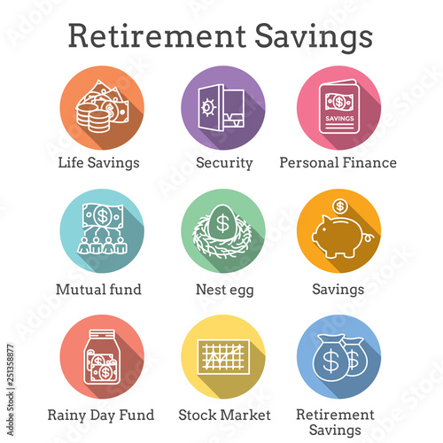 Retirement Account and Savings Icon Set w Mutual Fund, Roth IRA, etc