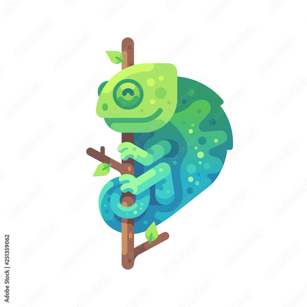 Fototapeta premium Green and blue chameleon sitting on a tree branch