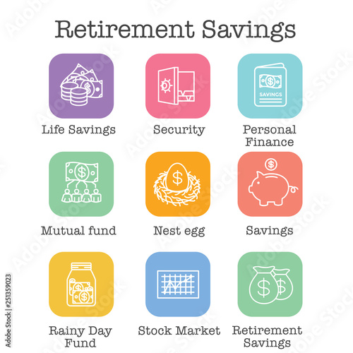 Retirement Account and Savings Icon Set w Mutual Fund, Roth IRA, etc
