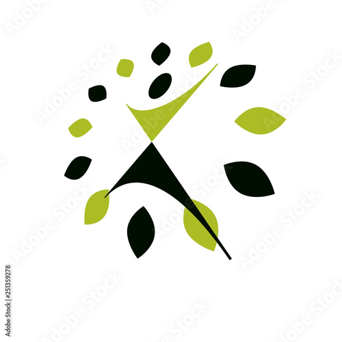 Vector illustration of joyful abstract individual with raised hands up. Go green idea creative logo. Wanderlust and countryside vacation idea symbol.