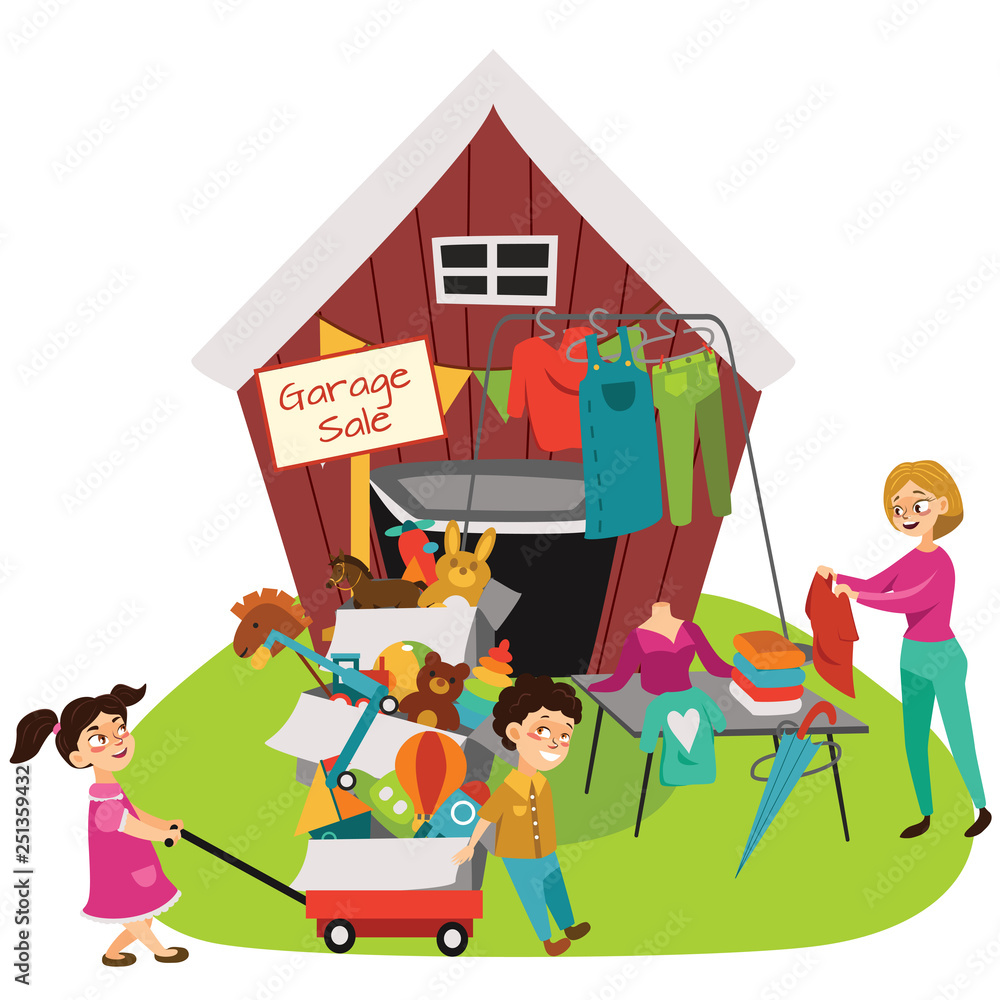 Garage Sale, Sellers Sell Old Goods Low Price Clearing House Spring, Woman  Sell Used Clothes And Shoes, Children Bought Boxed Second Hand Toys Vector  Illustration Stock Vector | Adobe Stock