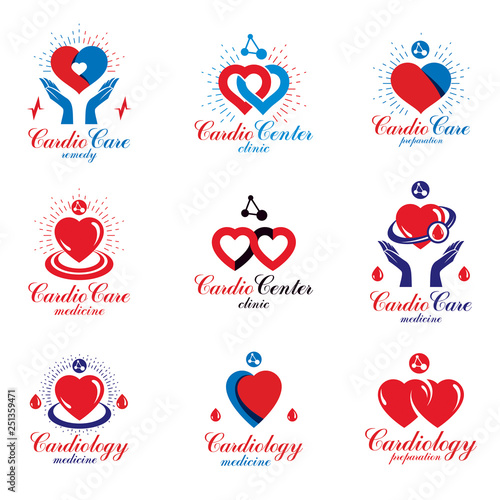 Heart shapes composed using pulsating electrocardiograms and futuristic mesh connections. Cardio center graphic vector logotypes collection for use in pharmacy.