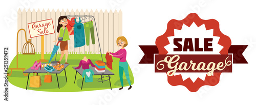 Garage Sale Young beautiful women at the weekly cloth market, girls choose clothes at the sale of used items, seller and buyer in market outdoor, shopping vector illustration