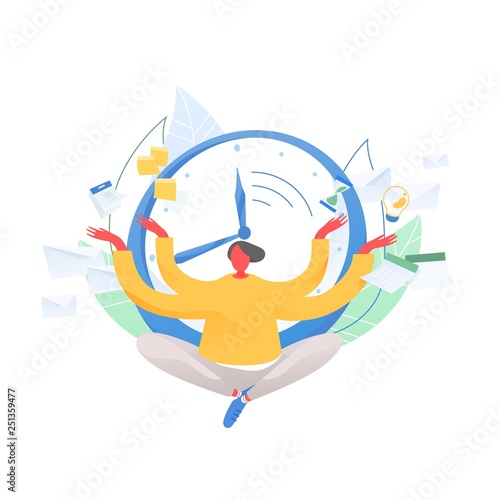 Man sitting cross legged and meditating against clock face, timetable, hourglass, calendar on background. Time management, work planning and organization, multitasking. Flat vector illustration.