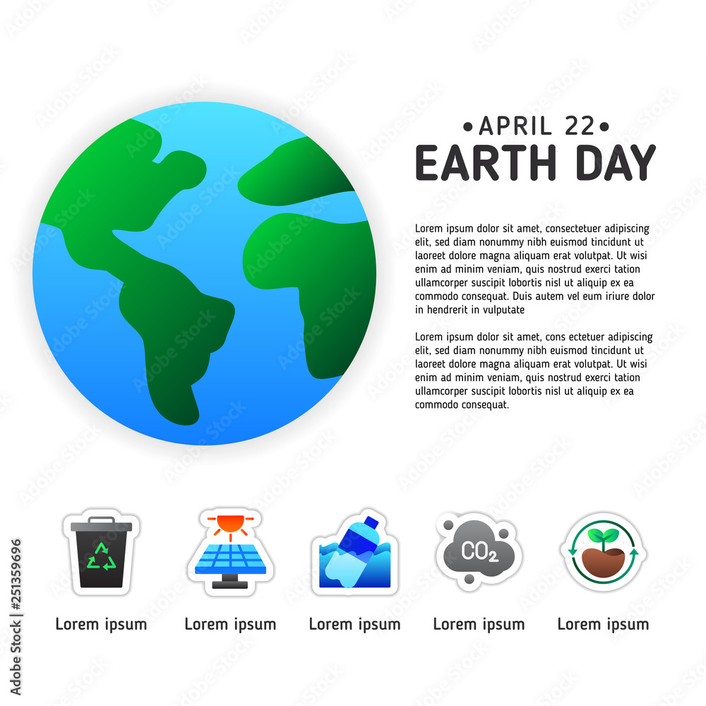 Earth day poster template with modern flat icon of earth. Infographic with ecology icons Earth day poster template with modern flat icon of earth. Infographic with ecology icons