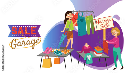 Garage Sale Young beautiful women at the weekly cloth market, girls choose clothes at the sale of used items, seller and buyer in market outdoor, shopping vector illustration