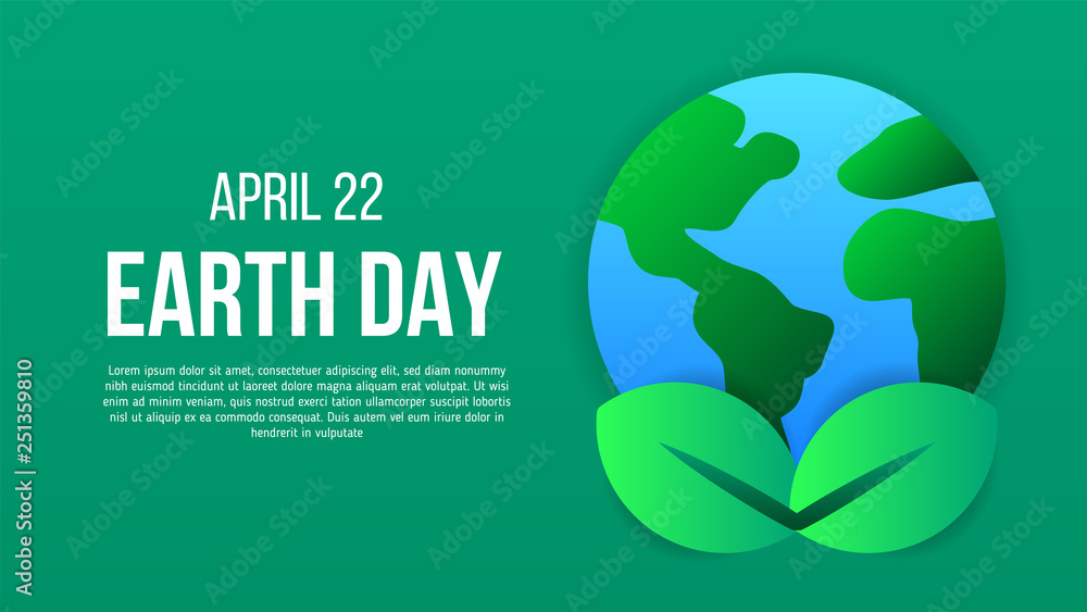 Earth day poster template with modern flat icon of earth and leaves. Environment, ecology, green energy Earth day poster template with modern flat icon of earth and leaves. Environment, ecology, green energy