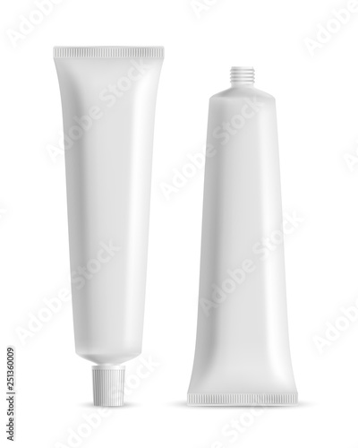Vector white blank tooth paste or cosmetic cream container open and closed isolated on white background