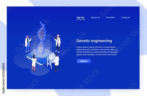 Web banner template with analysts, scientists or researchers analyzing DNA molecule on blue background. Genetic engineering, biotechnology and genome modification. Isometric vector illustration.