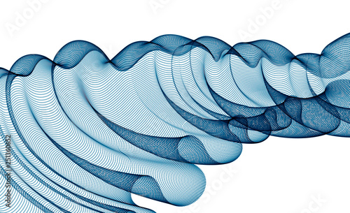 Vector abstract background with wave of flowing particles, smooth curve shape lines, transparent tulle textile on wind. 3d shape dots magic blended mesh.ptflw382