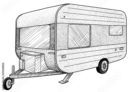Retro caravan illustration, drawing, engraving, ink, line art, vector