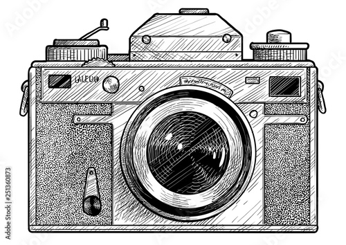 Retro film photo camera illustration, drawing, engraving, ink, line art, vector