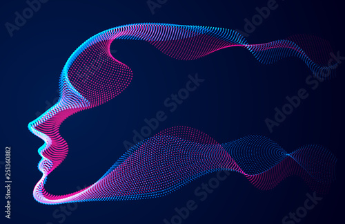 Artificial Intelligence, abstract artistic human head portrait made of dotted particles array, vector software digital visual interface. Digital soul, spirit of technological time.