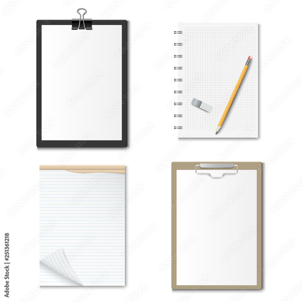 Collection clipboards with paper and notebooks design template Collection clipboards with paper and notebooks design template