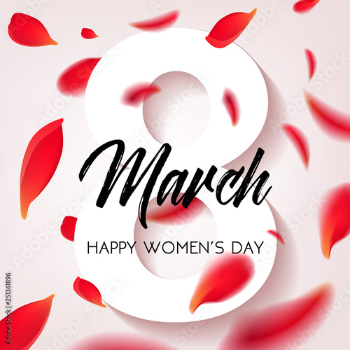 Happy Women's Day - March 8, congratulatory banner with petals of red roses on a white background. Vector illustration.