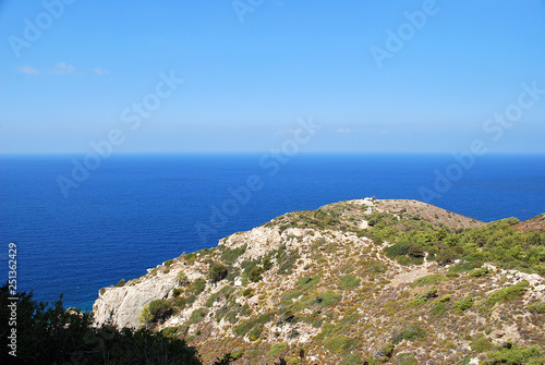 View of the sea from the stone walls of the ruins of Kritinia Castle, Kritinia Village, Rhodes Island, Greece