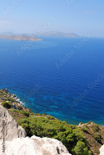 View of the nearby islands from the stone walls of the ruins of Kritinia Castle, Kritinia Village, Rhodes Island, Greece