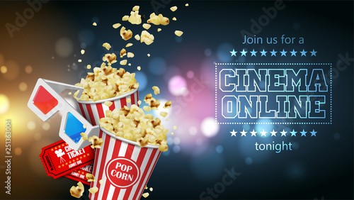Advertising for the film industry.  Popcorn, glasses and tickets. 3D vector. High detailed realistic illustration