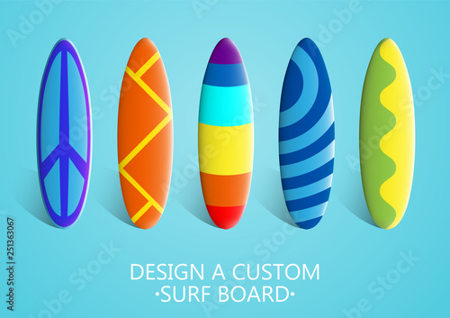 Set of surfboards. Bright colorful custom design.  3D vector. High detailed realistic illustration.