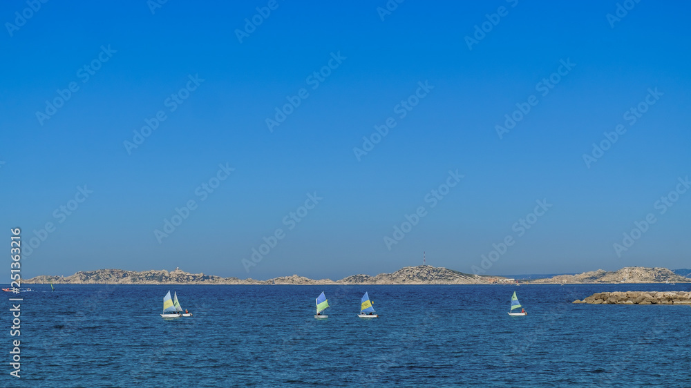 Sailing boats on the Mediterranean Sea by the coast of Marseilles France