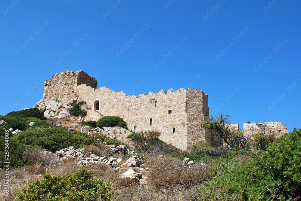 General view of the hill with the ruins of Kritinia Castle, Kritinia Village, Rhodes Island, Greece