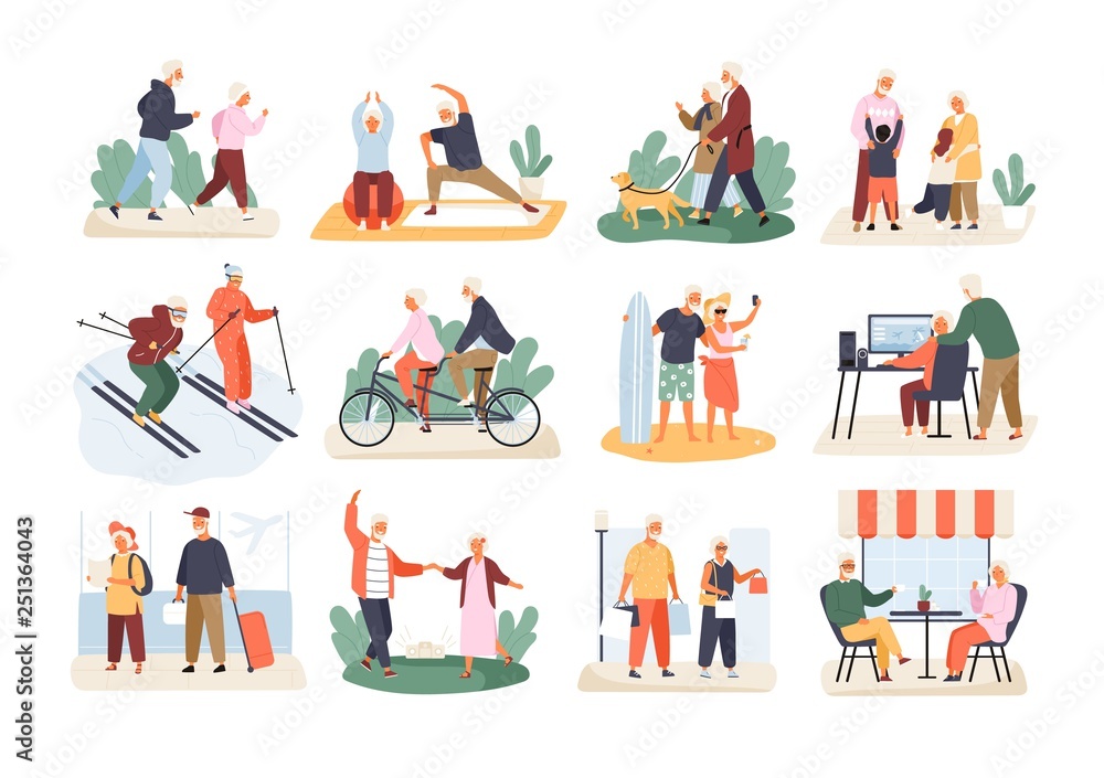 Obraz premium Bundle of cute funny active elderly couples isolated on white background. Collection of recreational and healthy sports activities for grandmother and grandfather. Flat cartoon vector illustration.