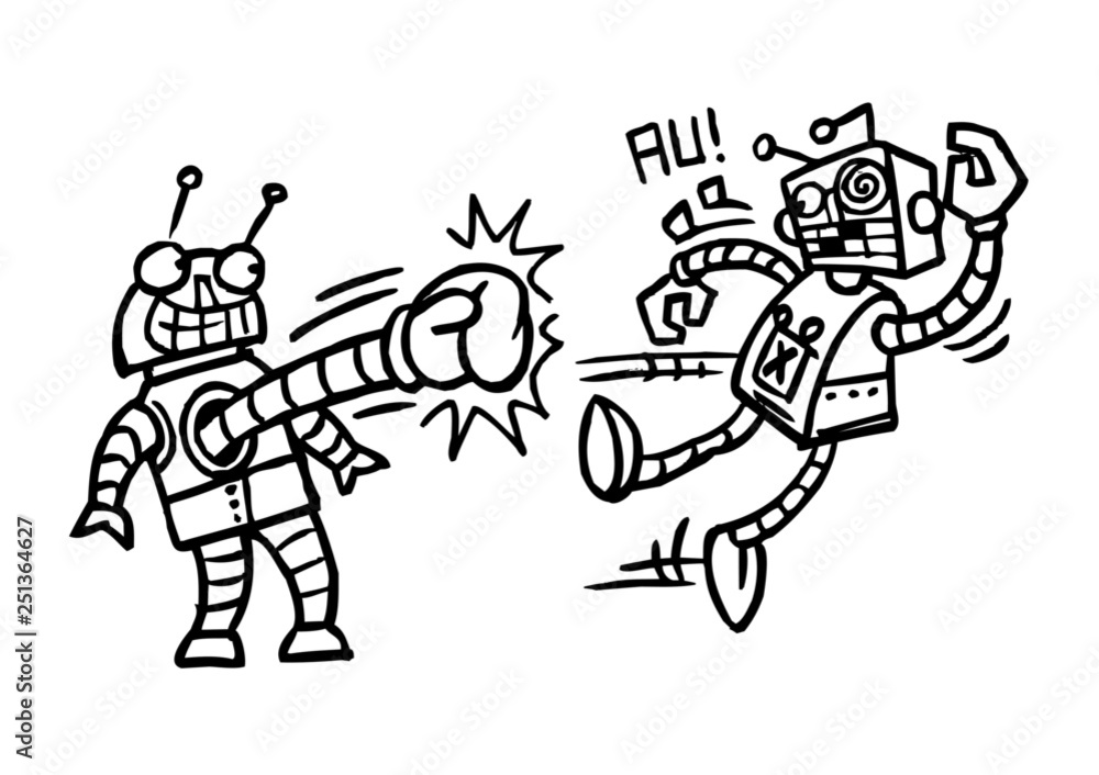 Robots are fighting the boxing match, winner celebrates, black and white cartoon
