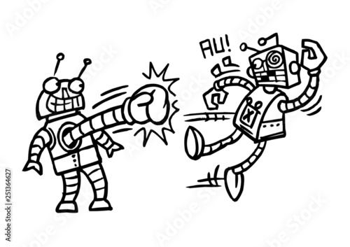 Robots are fighting the boxing match  winner celebrates  black and white cartoon