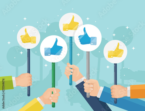 Group of business people with thumbs up. Social media. Good opinion. Testimonials, feedback, customer review concept. Vector flat design