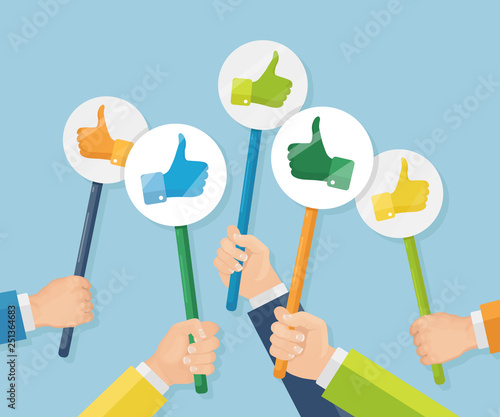 Group of business people with thumbs up. Social media. Good opinion. Testimonials, feedback, customer review concept. Vector flat design