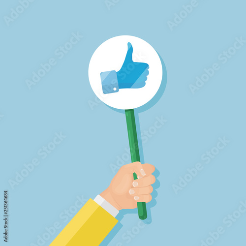 Business man hold placard with thumbs up. Social media. Good opinion. Testimonials, feedback, customer review concept. Vector flat design